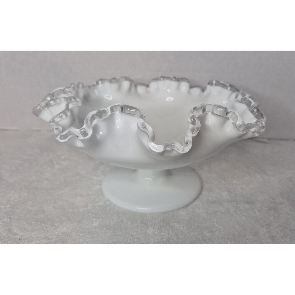 Vintage Fenton Silver Crest Ruffled Edge Candy Bowl Dish Milk Glass on Pedestal